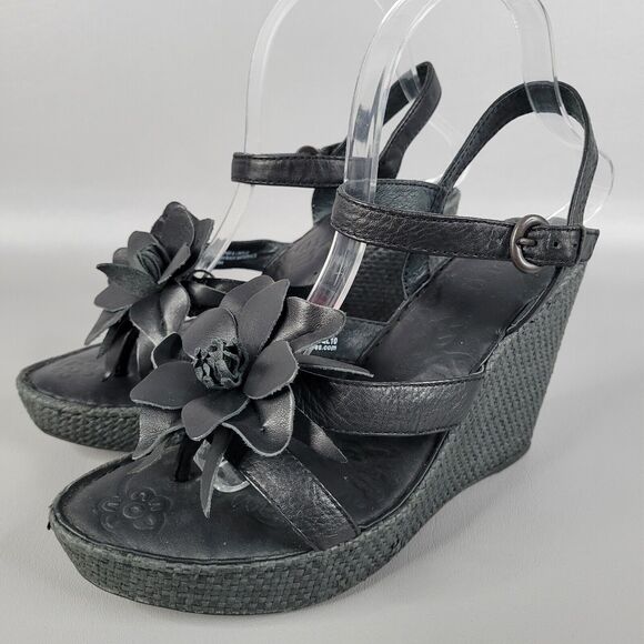 Born Womens Black Leather Flower Wedge Platform Leather Strappy Sandals Size 9 - Picture 1 of 12